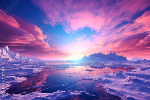 Beautiful Arctic landscape with snow. Sunrise on a winter morning over the Arctic. Ai generative..