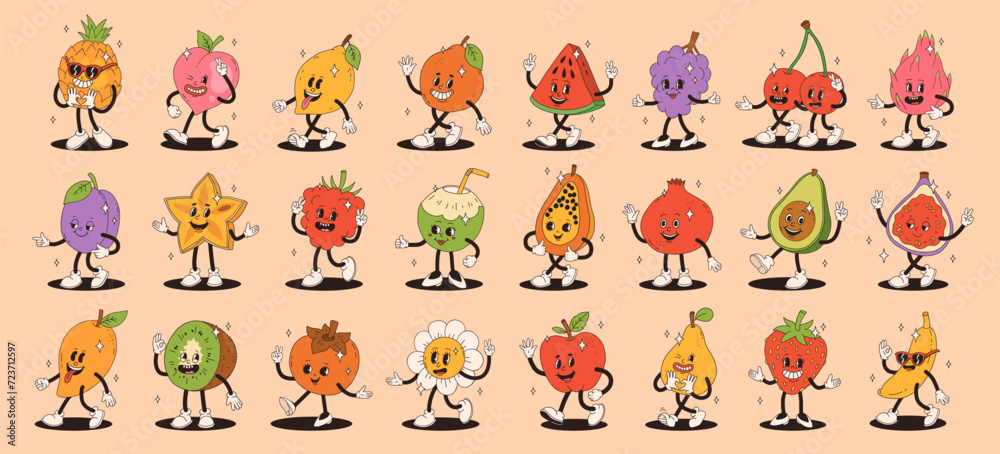 Fototapeta premium Retro groovy fruit characters. Big collection of funky happy mascots with happy smiling face.