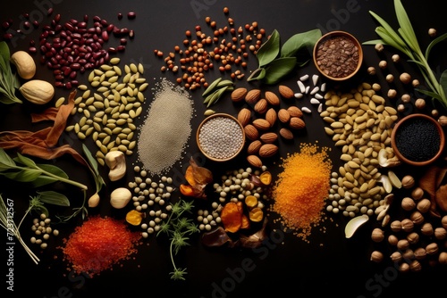 Top view of a diverse selection of colorful legumes and nuts arranged neatly in containers, ideal for healthy eating concepts.Generative ai 