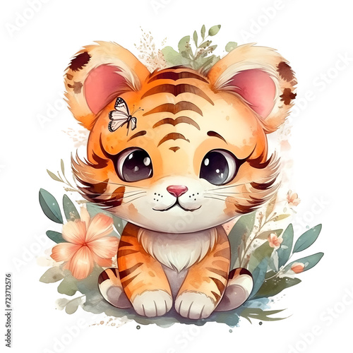 Watercolor cute clipart tiger with flowers on transparent background. sublimation  tshirt  mug  pillow  tumbler  print