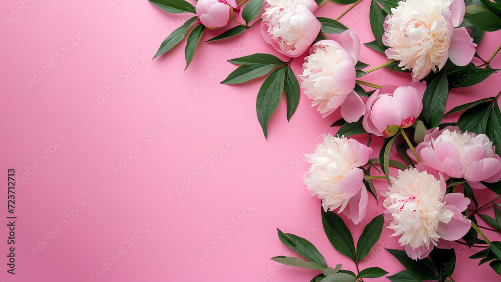 Beautiful peonies on a pink background with a copy space. AI generative