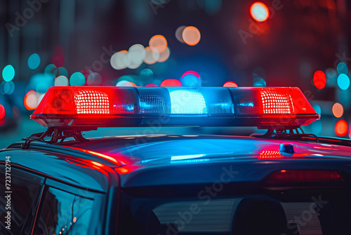 Red and blue flashing lights on a police car close-up, blurred night city on background. AI generative photo