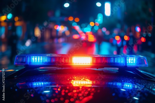 Red and blue flashing lights on a police car close-up, blurred night city on background. AI generative