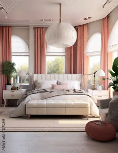 Realistic bright modern double bedroom with furniture. Generative AI.