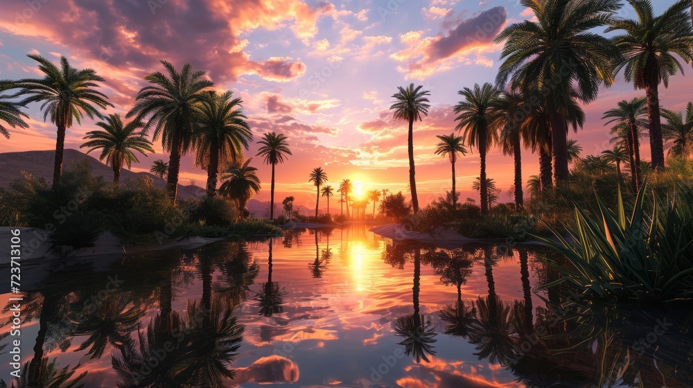 Breathtaking Sunset Over a Tranquil Lake Surrounded by Palm Trees and Mountains in Illustration Style
