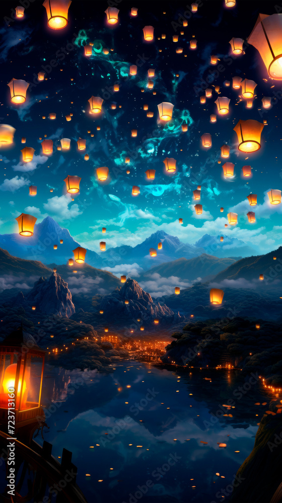 sky lanterns, illuminating the night sky with bright colors reflecting over the tranquil lake. Cultural activities. Hope and wish fulfillment. Chinese traditions