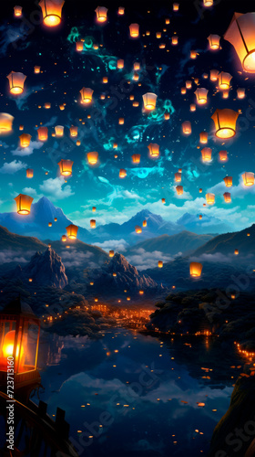 sky lanterns, illuminating the night sky with bright colors reflecting over the tranquil lake. Cultural activities. Hope and wish fulfillment. Chinese traditions