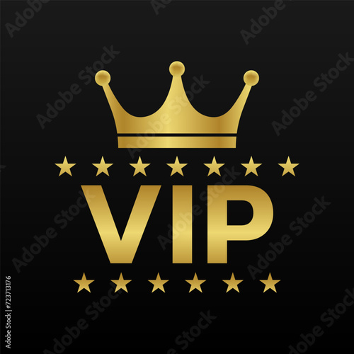 VIP golden logo or icon with crown and stars. Premium card design. Vector illustration.