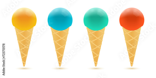 Ice cream 3d icon set. Waffle cone with scoops. Icecream cartoon design. Vector illustration.