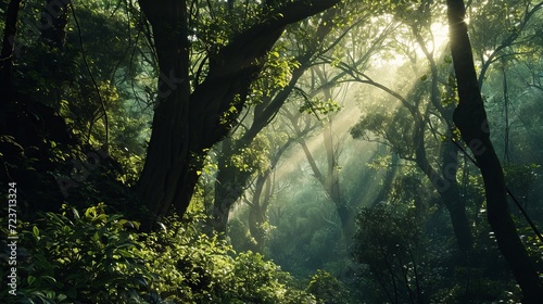 Mystical Forest Landscape Illuminated by Sunbeams  Lush Green Trees and Foliage in Morning Mist
