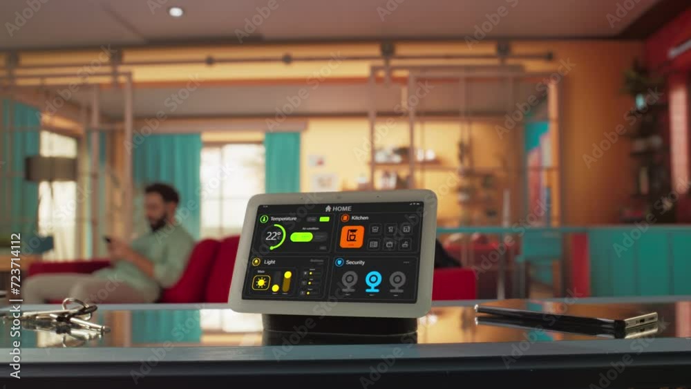 Creative Smart Home Device with Dark Theme Infographics Shown on Display. Person using Smartphone to Control His stylish House. IOT Connected Wireless Intelligent System. Zoom out