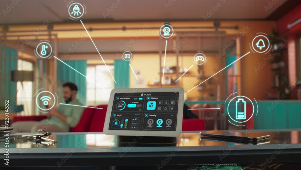 Creative Smart Home Device with Dark Theme Infographics Shown on Display with Concept Icons. Person using Smartphone to Control His stylish House. IOT Connected Wireless Intelligent System. Zoom out
