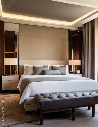 beautiful comtemporary luxury bedroom suite in hotel. Generative AI.