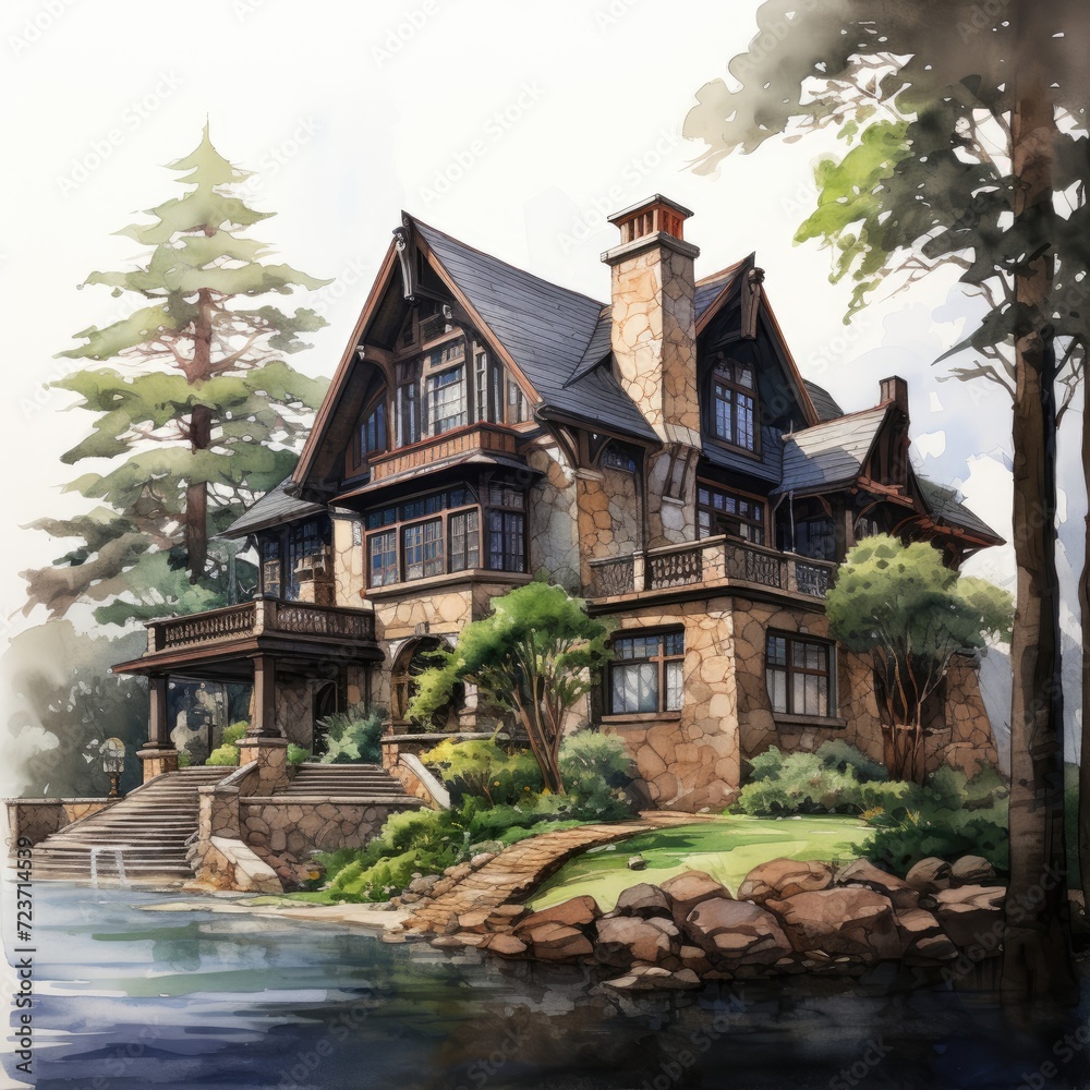 Watercolor beautiful house in the forest.