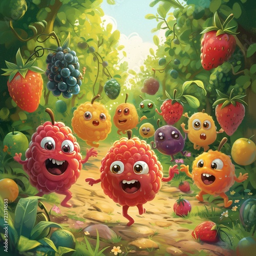 A group of lively, animated fruits in a lush garden.