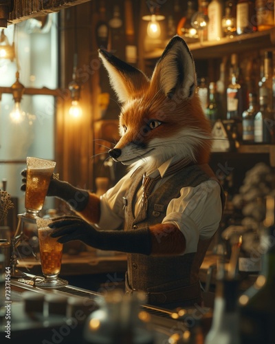 A suave fox in a vintage bartender outfit pouring beer.