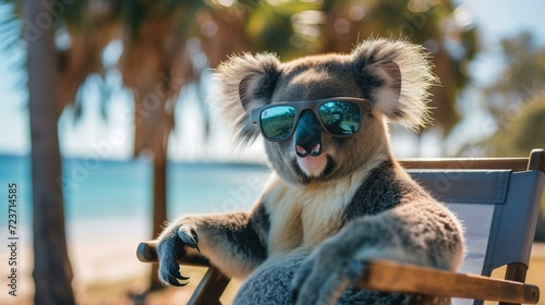Relaxed koala sporting stylish shades at a tropical beach