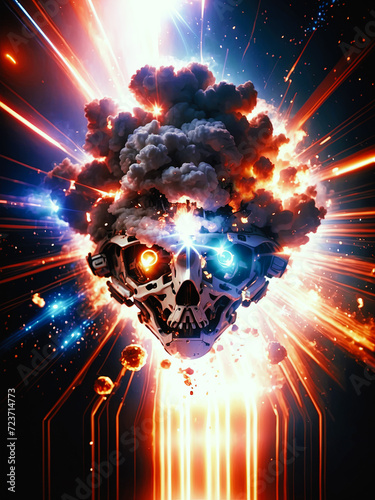 Mechanical head exploding with lights and energy