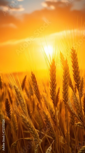 Experience the tranquility of a wheat field at sunrise  with the sun casting a luminous  golden glow amid the gently rustling wheat.