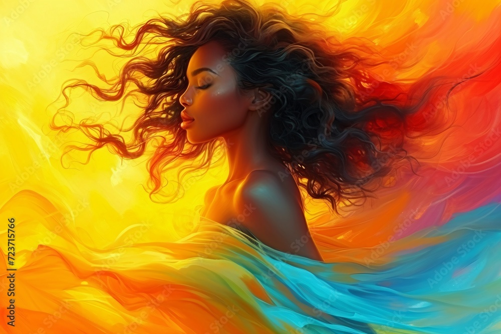Fiery Hair: A Dramatic Portrait of a Woman in a Colorful Dress Generative AI Fiery Hair: A Dramatic Portrait of a Woman in a Colorful Dress Generative AI