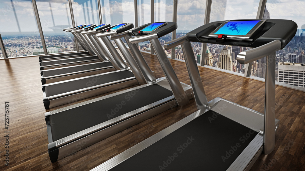 Fototapeta premium Treadmills inside a sports center in upper floors. 3D illustration