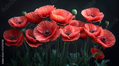 Blooming Beauties  A Pop of Red Poppies in Full Bloom Generative AI