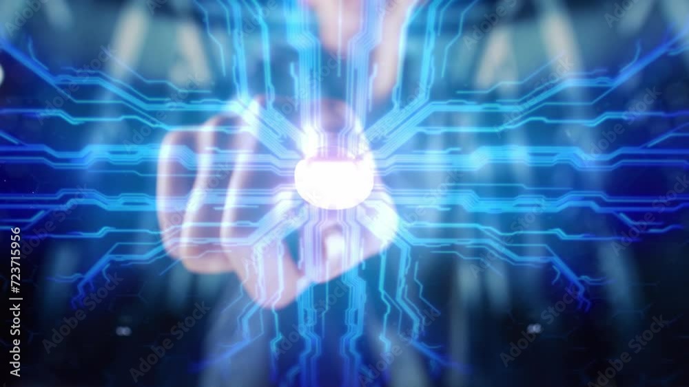 Press Activation Button Concept. Start of Digitalization and Visualization: Anonymous Human Finger Turns on Touch Screen Activates Technology. AI, Machine Learning, Big Data Concept, Cloud Computing