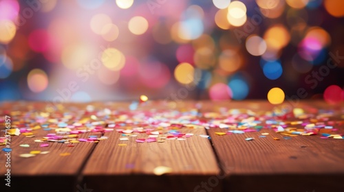 joyful occasion as a wooden table is transformed into a canvas of color, scattered with confetti and sprinkles, with a delightful blurred background setting the festive tone.