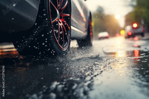 car on the street - Close up of car tires on wet road. water splashing. blurred background, rainy, Generated AI.