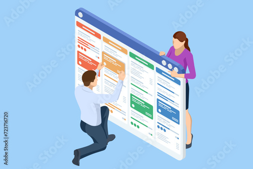 Isometric Business Project Management System. Project manager updating tasks and milestones progress planning. Schedule for plan tasks and progress. Strategy for construction and operations.