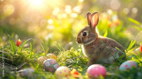 Easter - Cute Bunny In Sunny Garden With Decorated Colorful Eggs, generated with AI © sch_ai