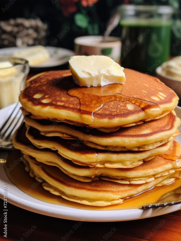 butter lies on a stack of ruddy wheat pancakes. Russian pancakes and Maslenitsa. delicious breakfast or snack