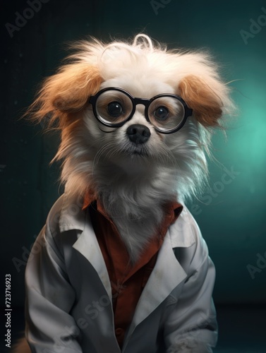 dog student scientist or doctor, wearing a white gown, standing. science and study. portrait one person © Svetlana