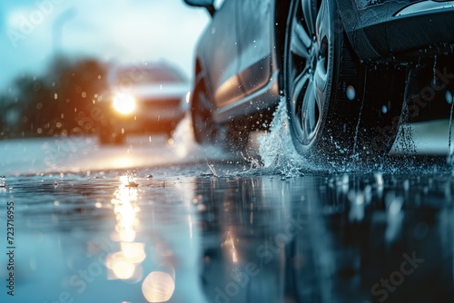 car on the street - Close up of car tires on wet road. water splashing. blurred background, rainy, Generated AI. photo