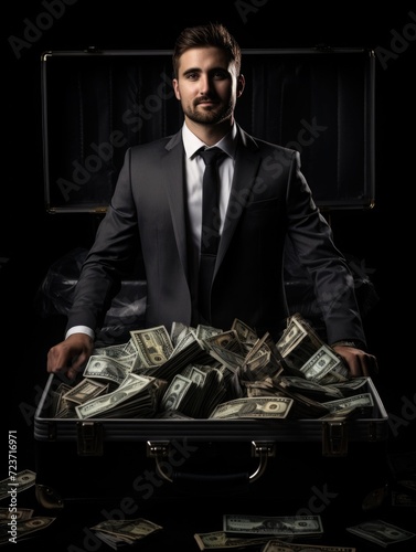 a man in a black business suit near an suitcase with money, banknotes and dollars. the investor or broker made a profit.