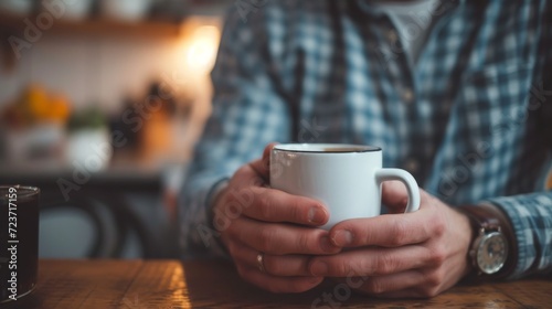 Man is holding a cup of coffee with its both hands, interior photo, generated with AI