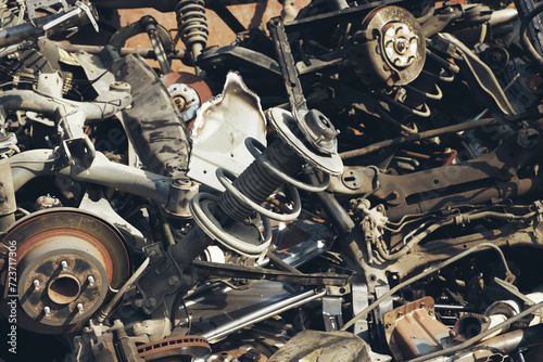 Fotografía Suspension laid out as scrap metal at a junkyard