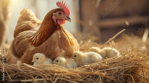 AI-generated illustration of a hen with chicks in a straw nest in a rustic chicken farm