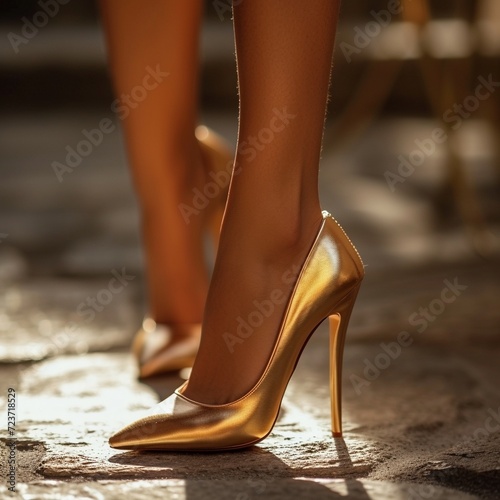 Frau in glänzenden goldenen High Heels 
