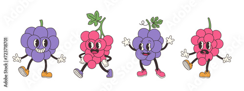 Groovy grape set. Hand draw Funny Retro vintage trendy style apple cartoon character. Doodle Comic collection