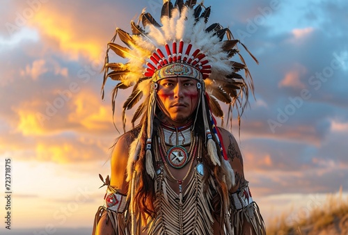 Native American Warrior in Full Regalia Generative AI photo