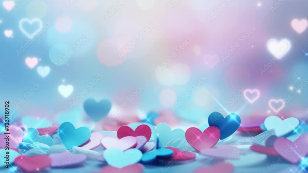 Blue and pink heart shapes, Valentines day background. Be my valentine theme. valentine celebration concept greeting card hearts on string with gold defused bokeh lights in the background