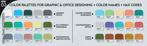 Workplace designing color palette, Fashion Trend Color guide palette 2024-25. An example of a color palette vector. Forecast of the future color. Office Color palette with color codes and color names