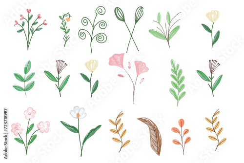 set of hand drawn line flower isolated on white background. simple botanical line