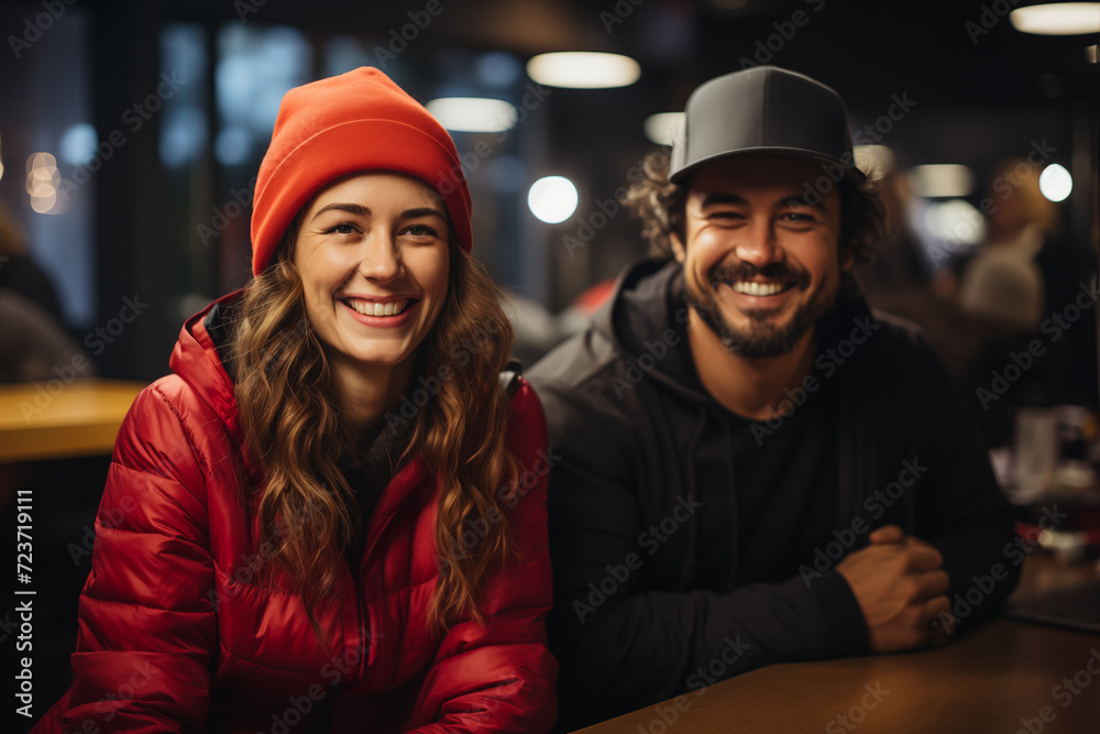 A woman and a man about 35 years old posing for a photo while sitting in a bar having a drink A woman and a man about 35 years old posing for a photo while sitting in a bar having a drink