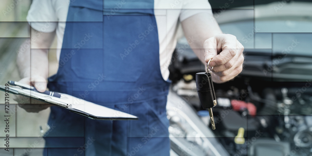 Fototapeta premium Mechanic delivering car keys after car engine checking, geometric pattern
