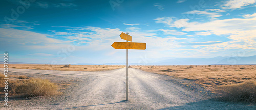 Business decision design concept with a big road sign, signpost in the middle of the road in an empty rural area, plain under the blue sky. Arrows pointing into directions in the fork of the road. photo