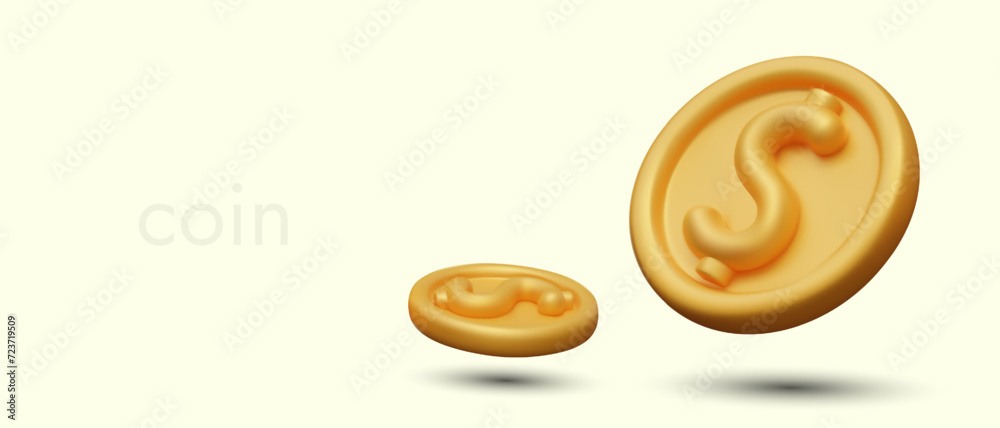 Horizontal banner with realistic golden coins. Metal dollars