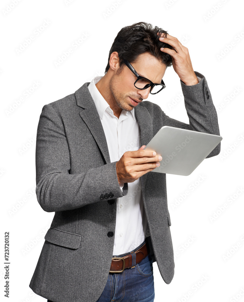 Confused, thinking and business man with tablet in studio for email, review or bad feedback on white background. Stress, anxiety and male entrepreneur with digital app fail, glitch or 404 disaster Confused, thinking and business man with tablet in studio for email, review or bad feedback on white background. Stress, anxiety and male entrepreneur with digital app fail, glitch or 404 disaster