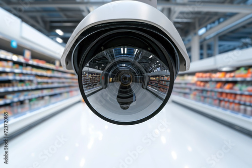 Close up of a security camera of a modern supermarket. security concept suitable for crime prevention and countermeasures.